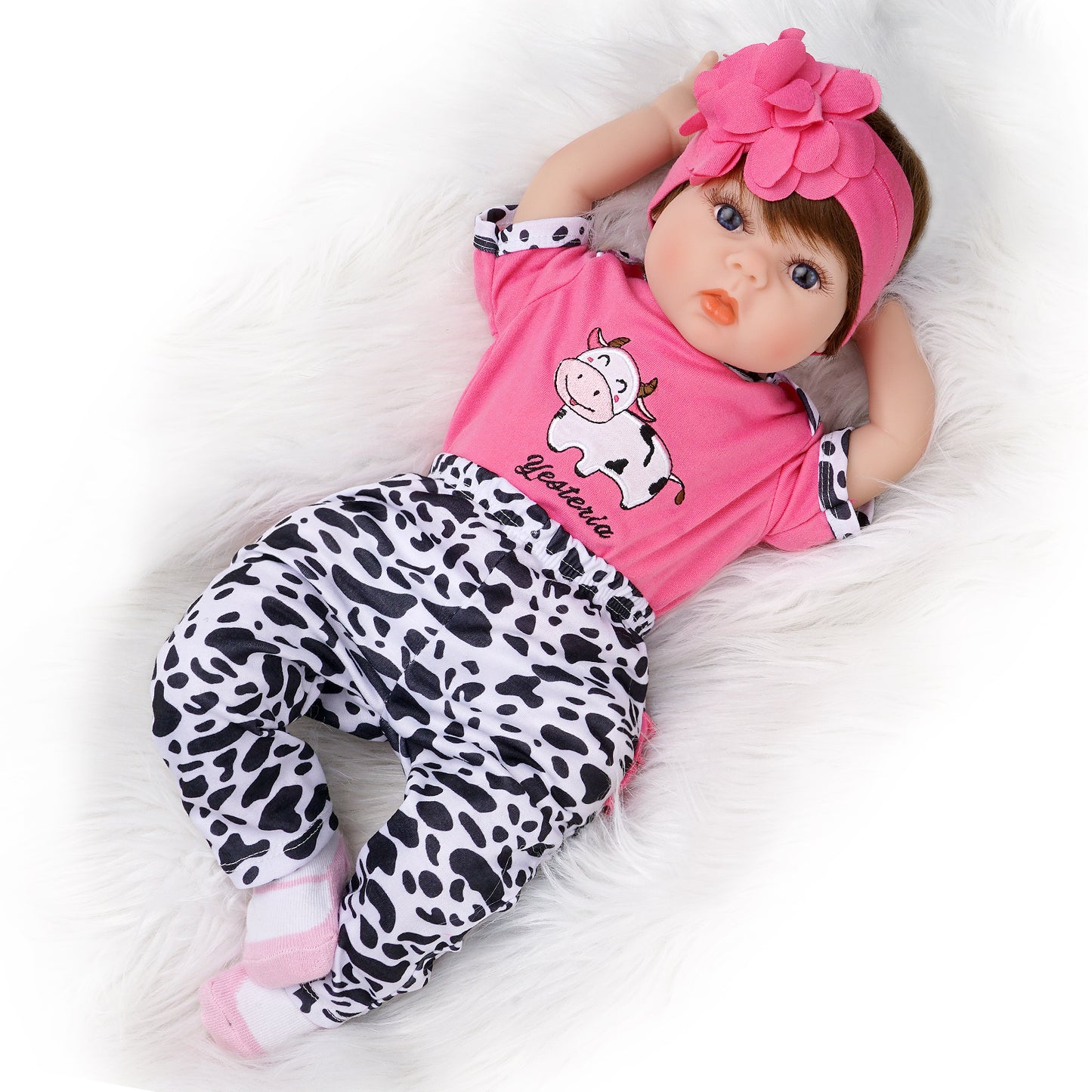 Bubles-Rose Red Cow-22 Inch Realistic Reborn Baby Dolls Blue Eyes Brown Hair