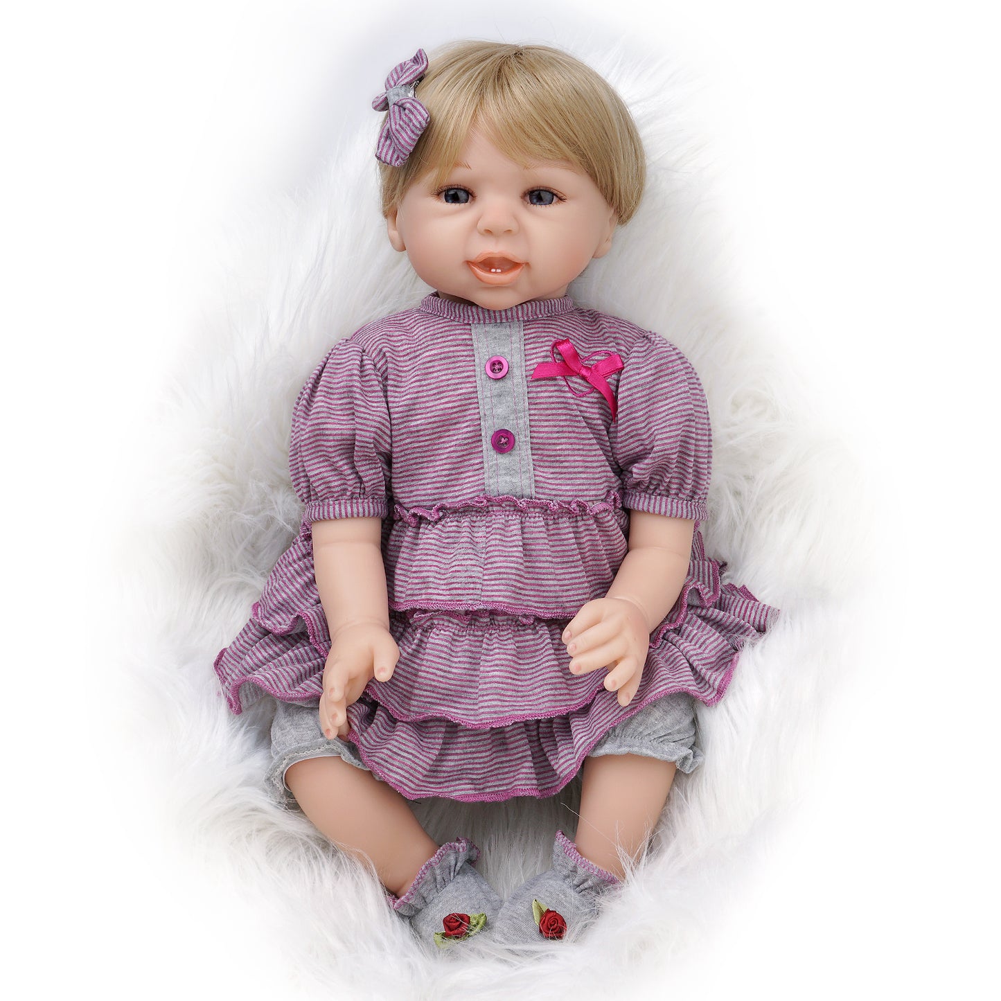 Lynne-Purple Striped Dress-22 Inch Realistic Reborn Baby Dolls Blue Eyes Blonde Hair
